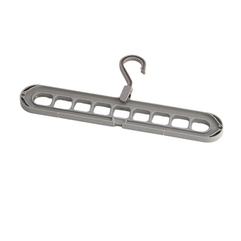 Foldable plastic hanger with nine holes for hanging trousers, shown in a choice of colours.