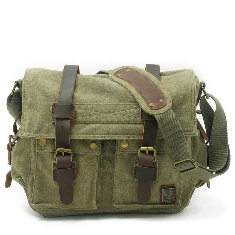 Men's canvas crossbody shoulder bag with cowhide trim in horizontal square shape