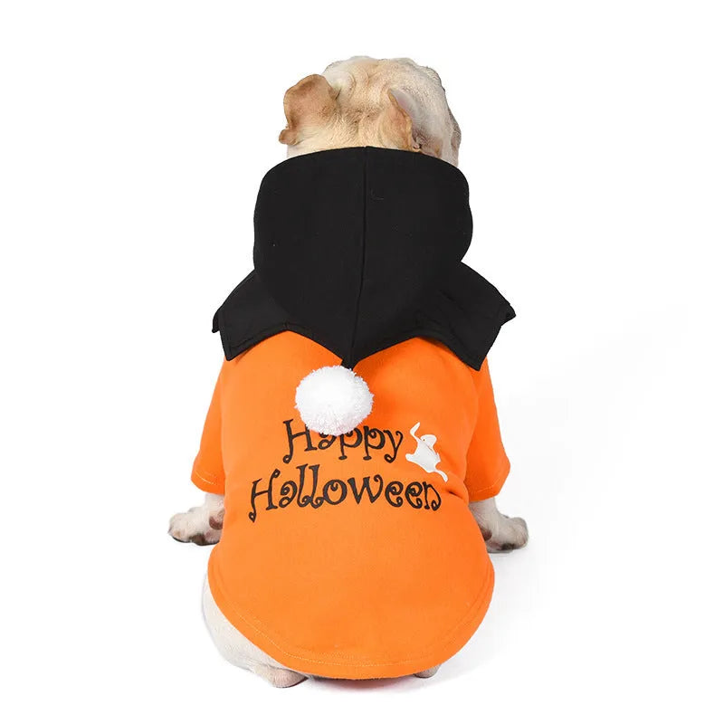 Halloween pumpkin design dog costume with black cotton sweater and orange pumpkin pattern
