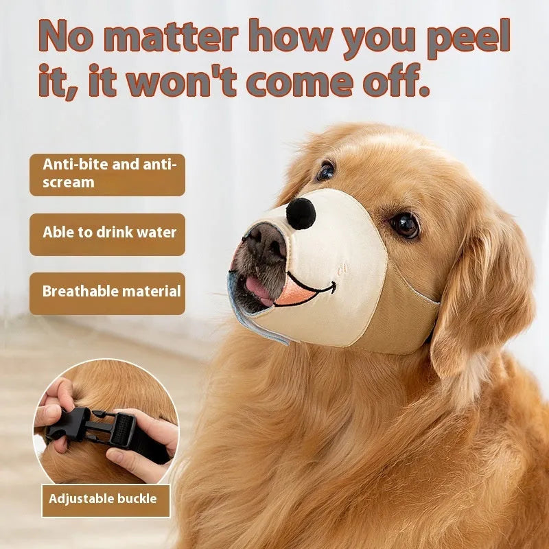 Canvas dog muzzle mouth cover in Ollie Brown Bear design showing size comparison for dogs 3kg to 50kg