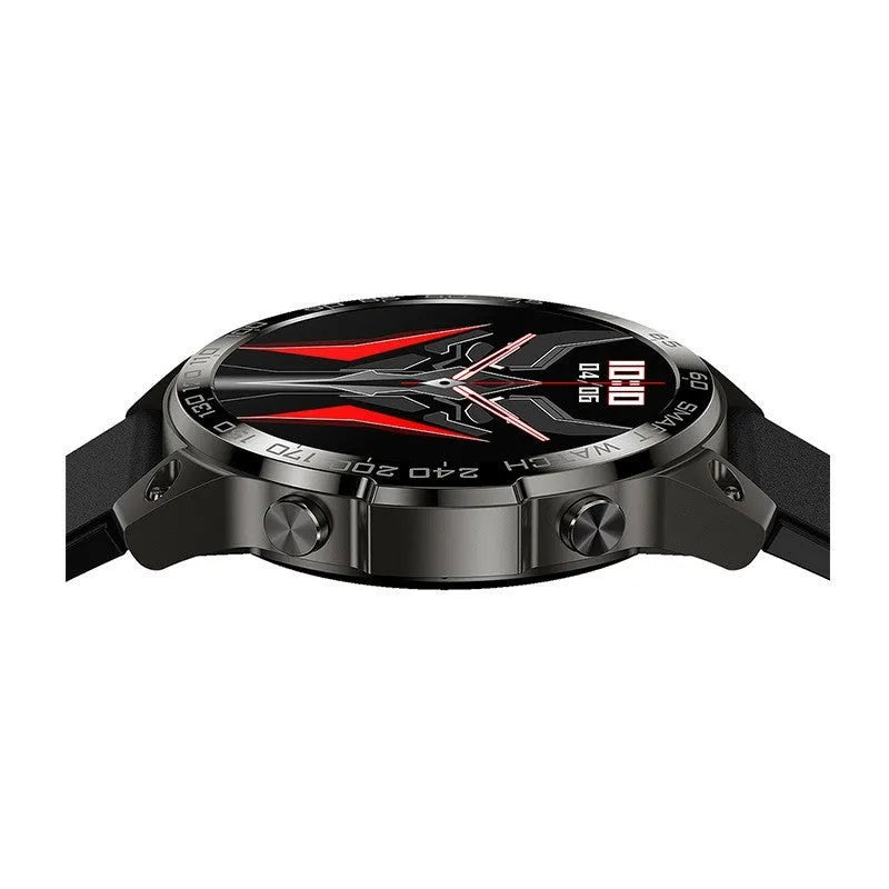 Black Bluetooth sports watch with round AMOLED screen and silicone strap on a wrist