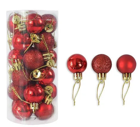 3 cm shiny matte finish Christmas tree bauble ornament in assorted colours including red, gold, and silver.