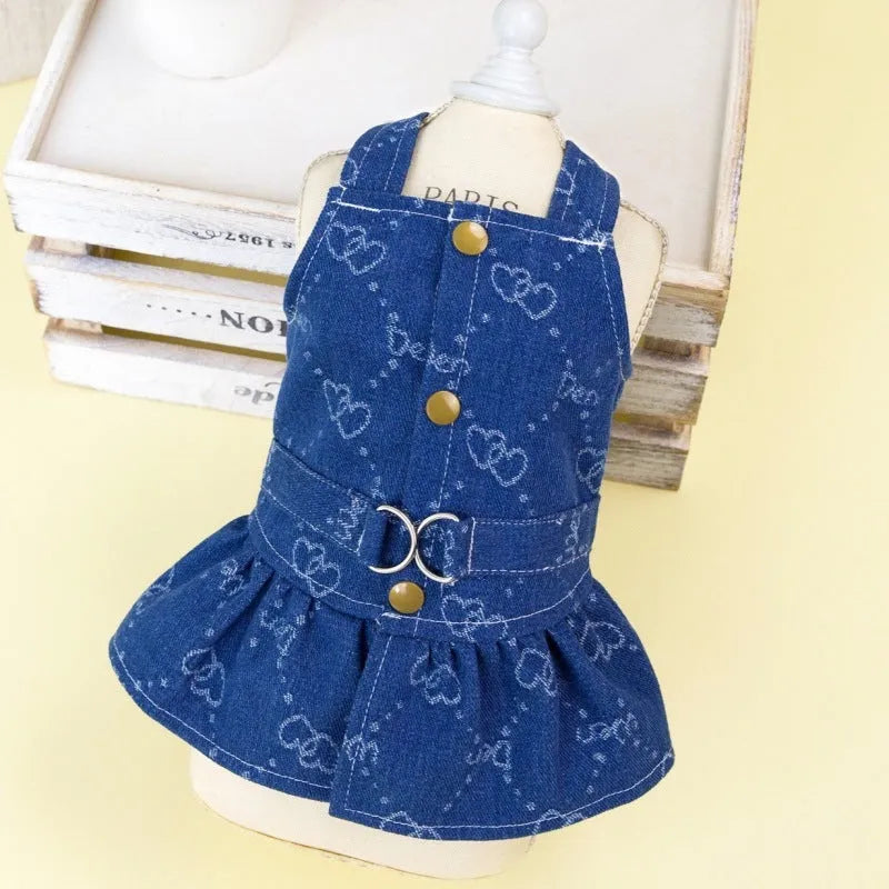 Teddy Bichon small dog wearing denim princess dress with bracket design for spring and autumn seasons