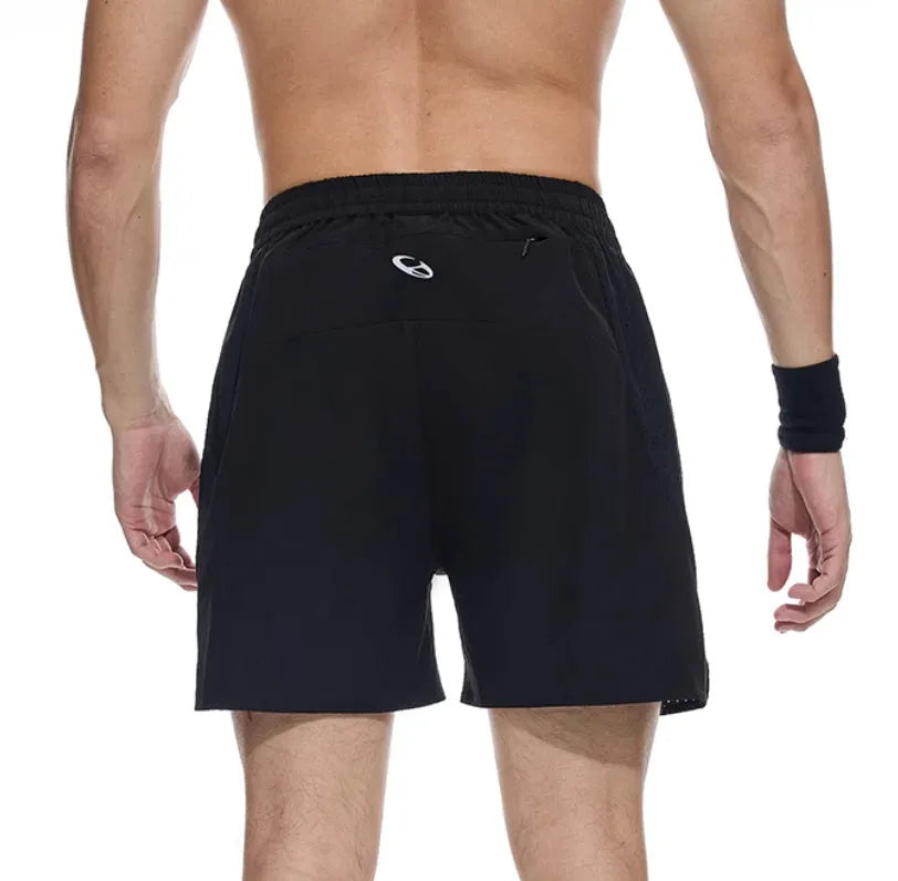 Black and blue four-point stretch running shorts with laser-punched stitching for training.