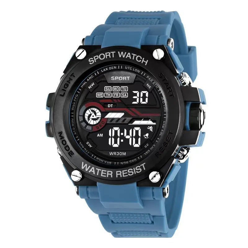 Fashion electronic watch with LED digital display showing ten different colour variations on wrist