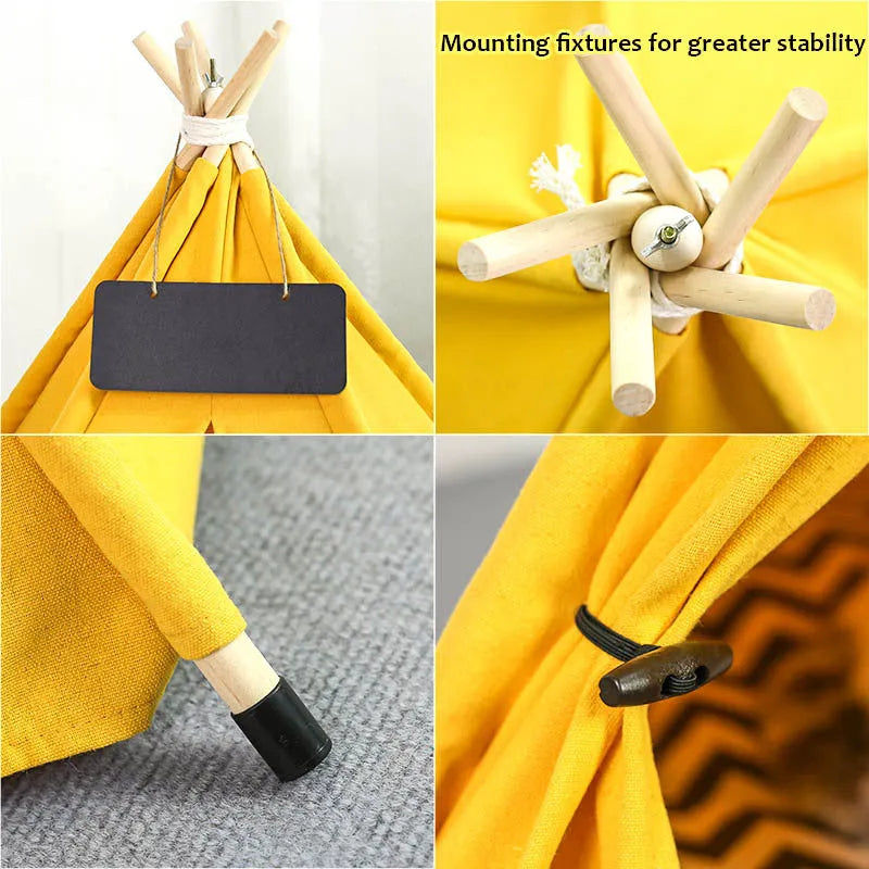 White and yellow striped flax linen pet teepee tent bed with cushion for small dogs or cats.