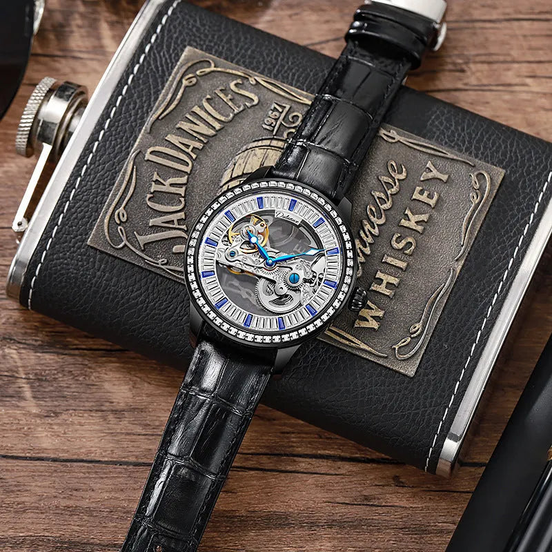 Men's luxury zircon mechanical watch with a choice of black leather or rose gold steel strap, showing onion crown and transparent case back.