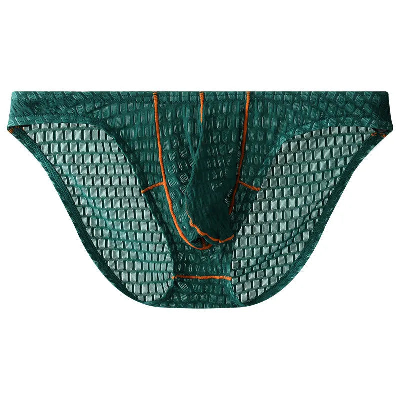 Men's white ice silk lace low waist briefs laid flat, showing the solid colour and lace fabric texture.