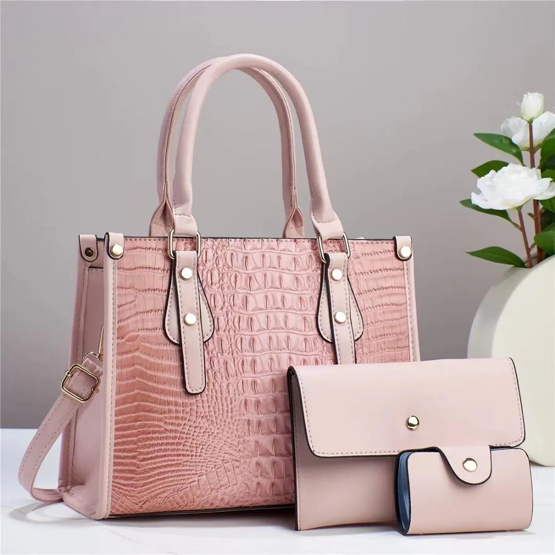 Contrast colour minimalist three-piece bucket bag set with wallet and card holder in PU leather.