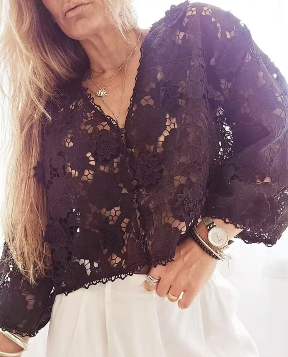 Loose V-neck cardigan with hollow lace sleeves and three-dimensional floral lace decoration in black