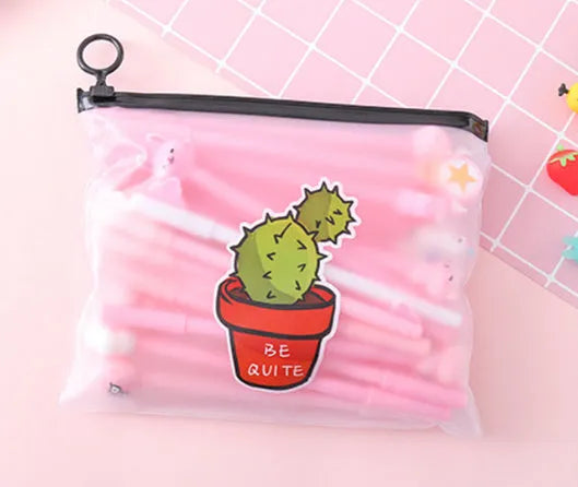 Marvel plastic pen case open showing twenty cartoon cactus design 0.5mm black pens inside.