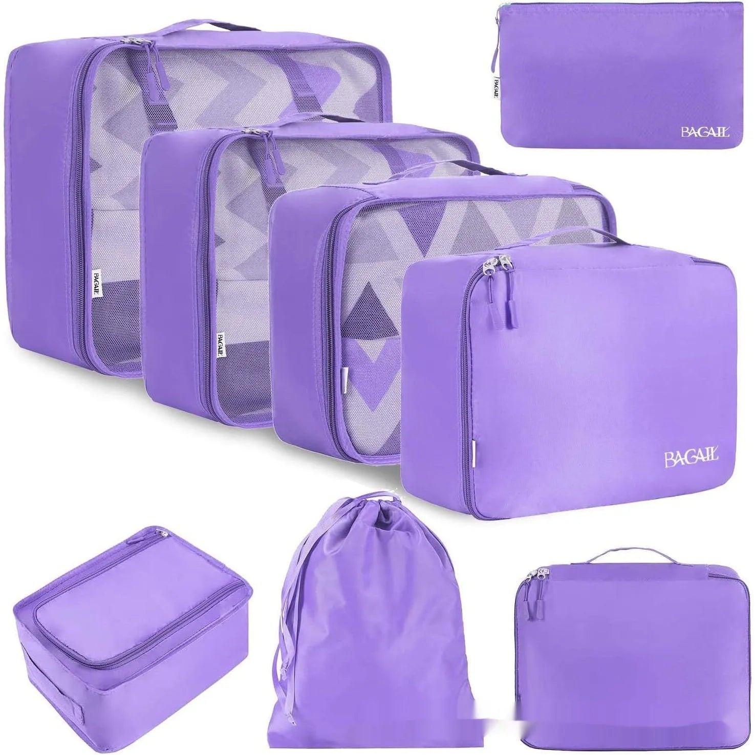 Set of eight PP packing cubes in various colours including beige, black, pink, and leopard print for travel organisation.