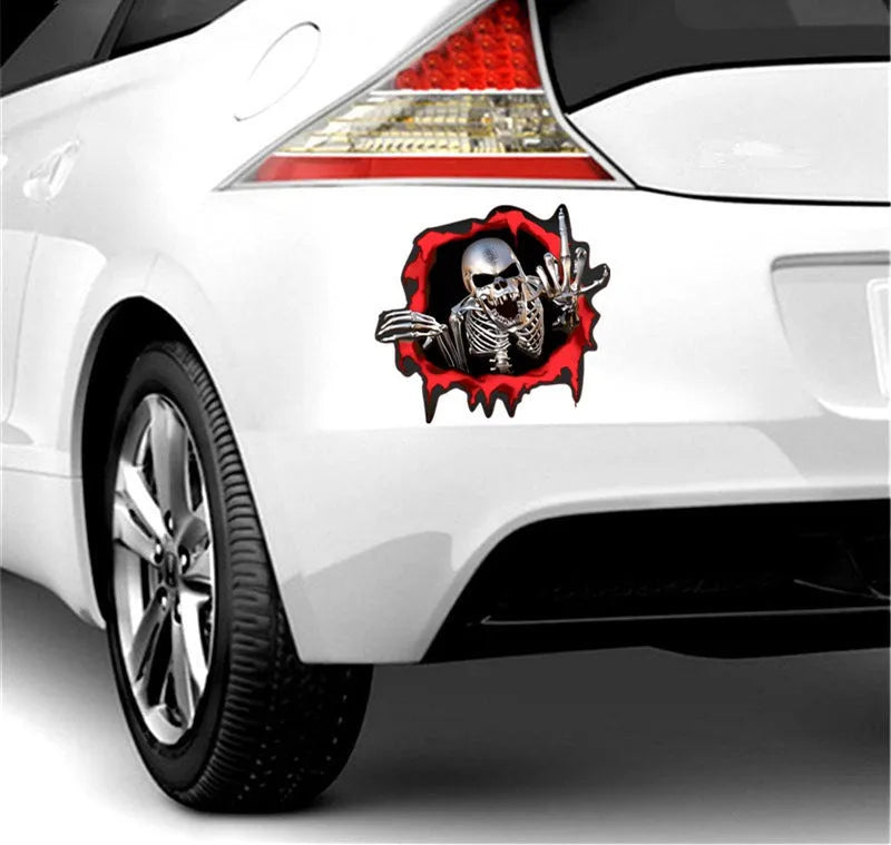 Reflective metal skull car bumper sticker with colourful broken shell pattern measuring 15x14cm