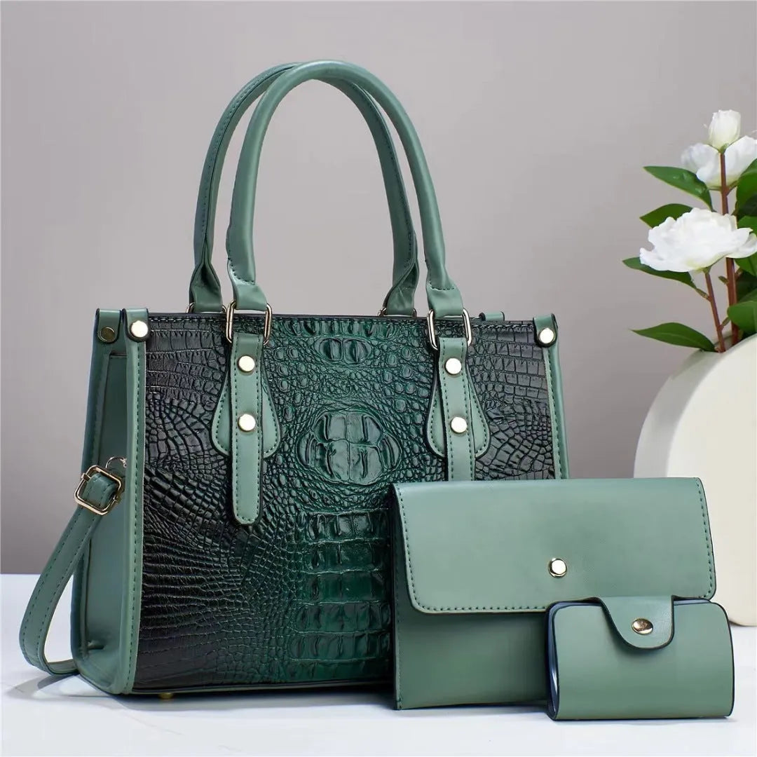 Contrast colour minimalist three-piece bucket bag set with wallet and card holder in PU leather.