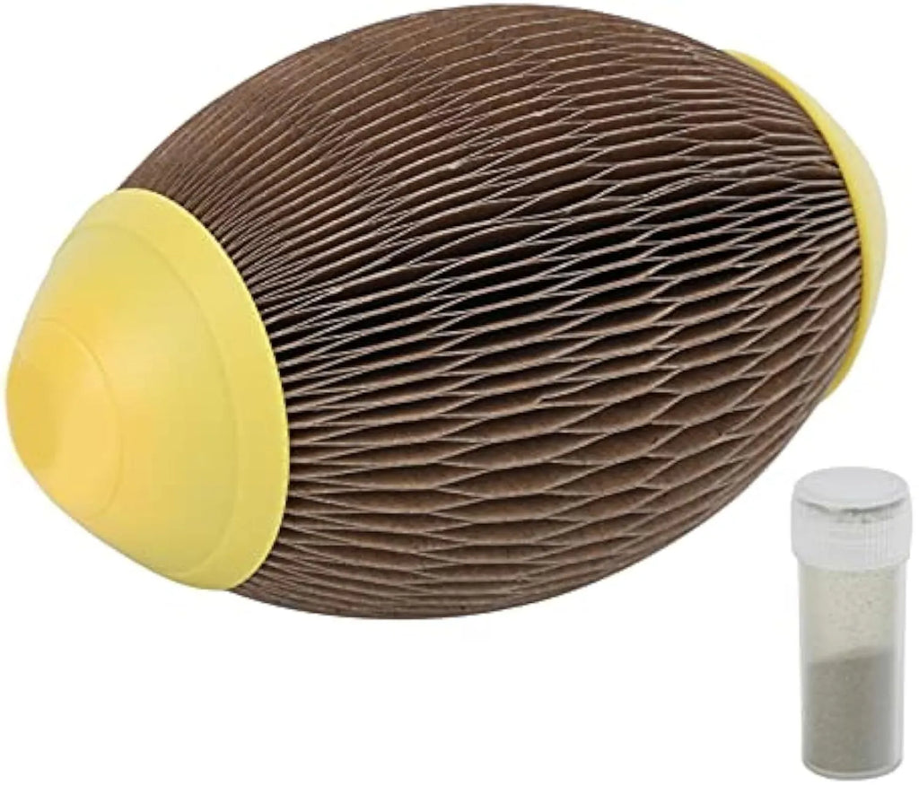 Ellipse-shaped corrugated paper catnip ball scratch toy on a plain background.
