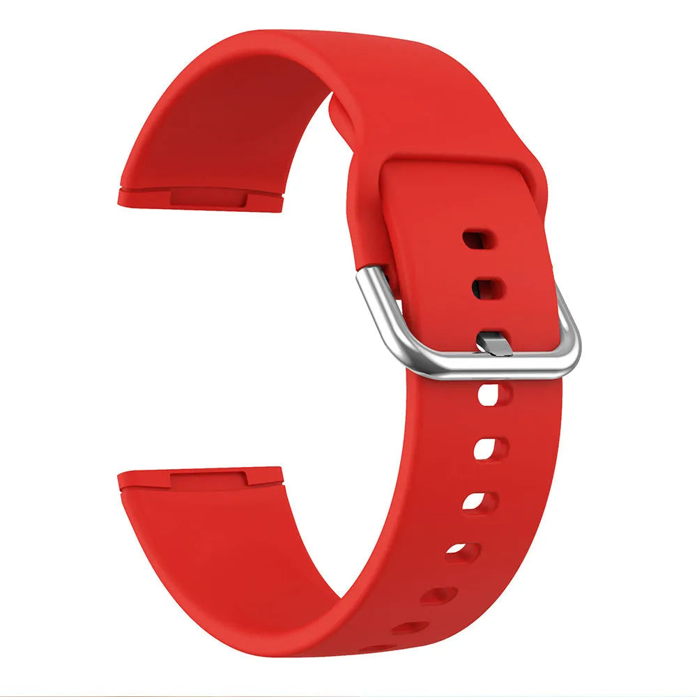 Solid colour silicone strap with silver buckle for Fitbit Versa 3 and Sense 2 watches.