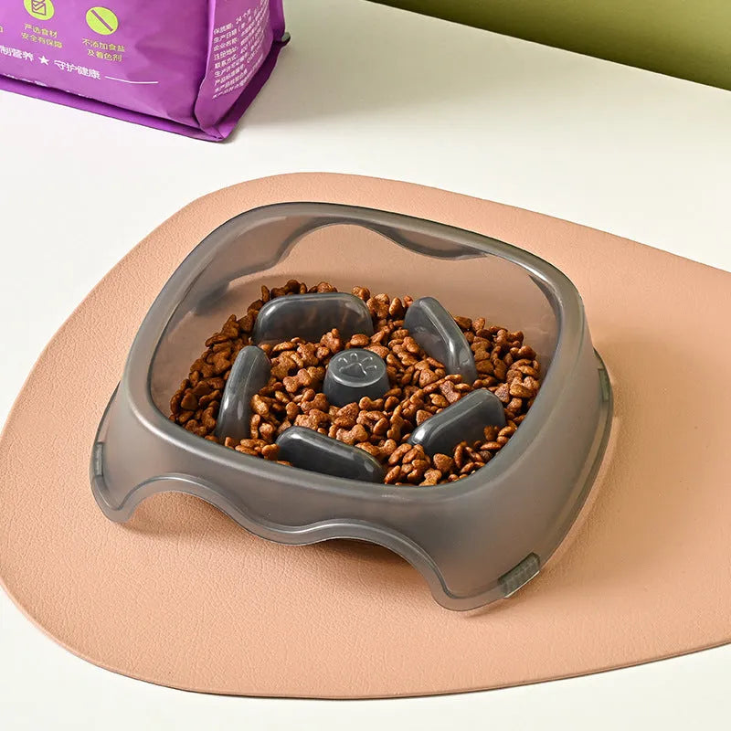Blue slow feeder dog bowl with internal ridges to prevent fast eating and choking.