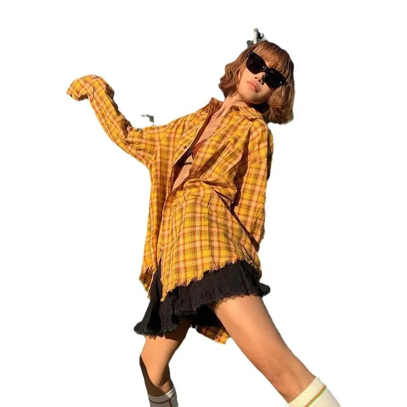 Dopamine yellow plaid shirt with loose-fit cardigan design in polyester blend fabric
