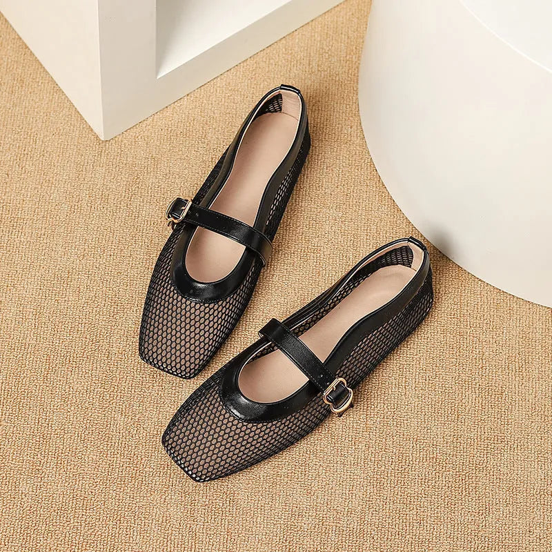 Women's breathable mesh hollow out pumps with buckle fastening and low flat heel