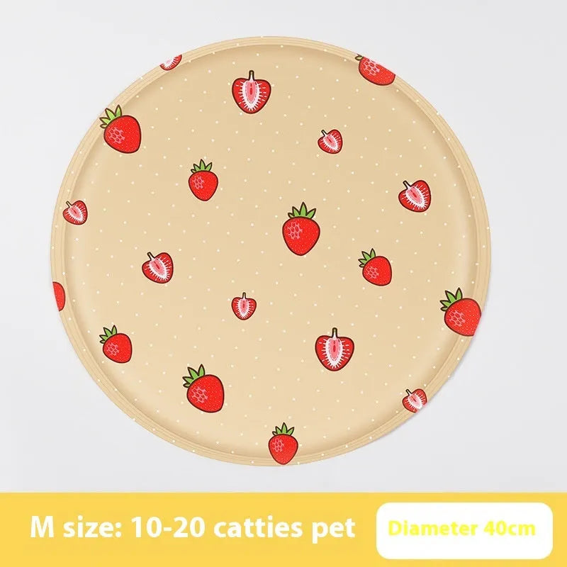 Round gel cooling mat for dogs in blue paw print cartoon design on a beige background