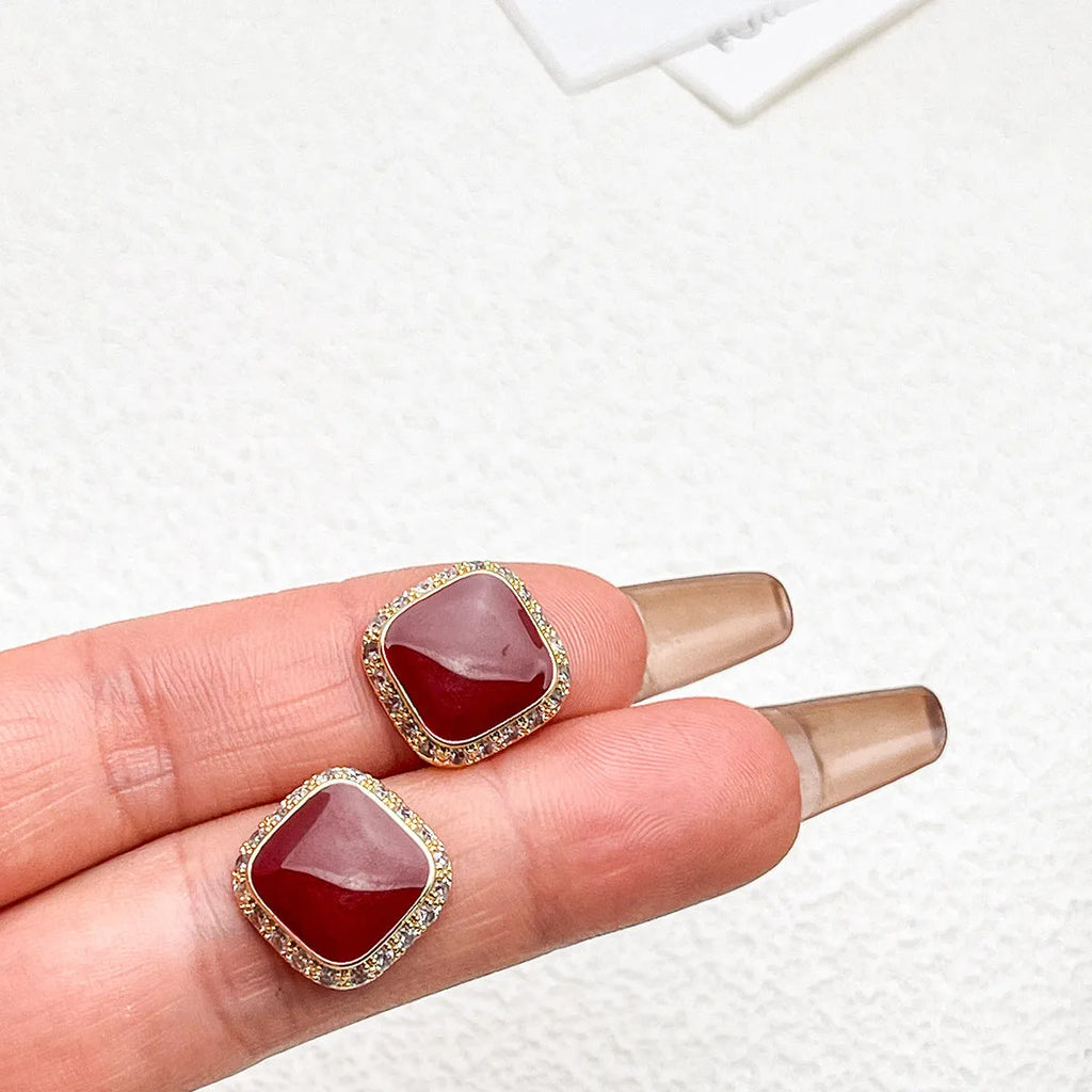 Red square alloy earrings with geometric design and inlaid detailing for women