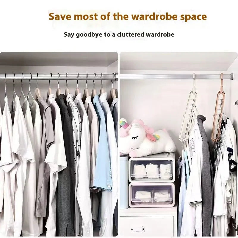 Foldable plastic hanger with nine holes for hanging trousers, shown in a choice of colours.