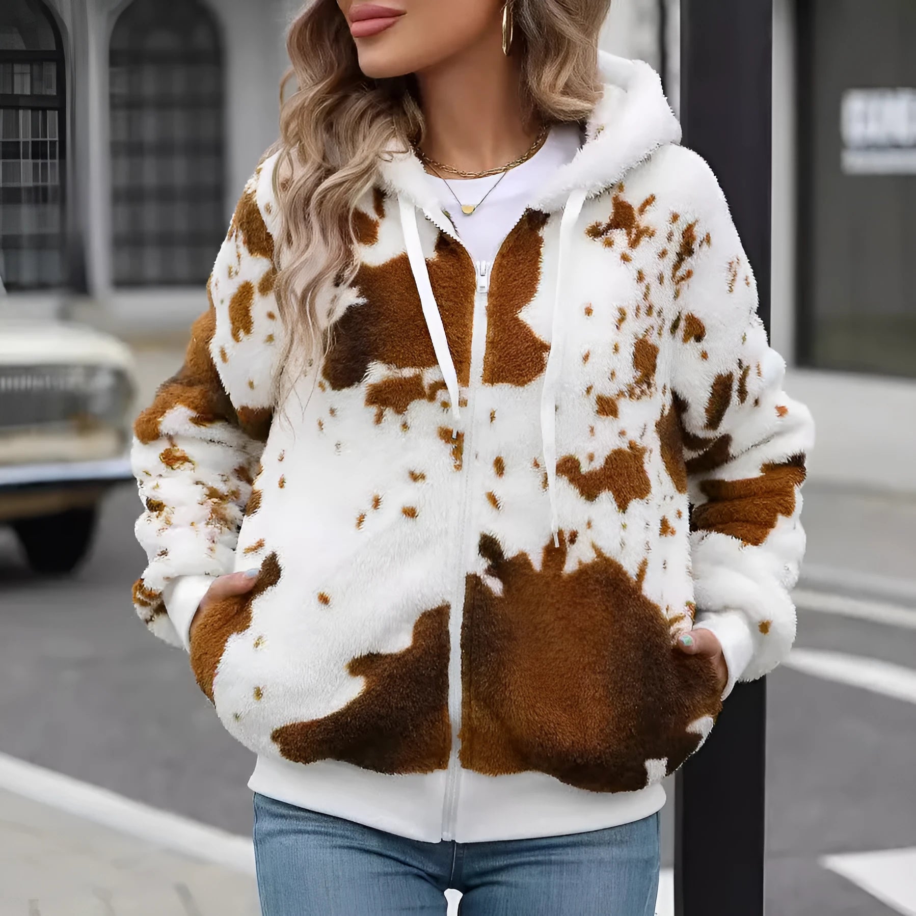 Yellow brown cow animal print hooded plush cardigan jacket with zip fastening