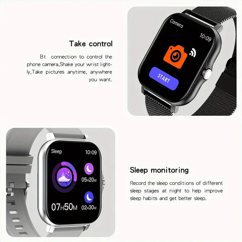 Smart watch with touch screen displaying health metrics, silicone wrist strap in chosen colour