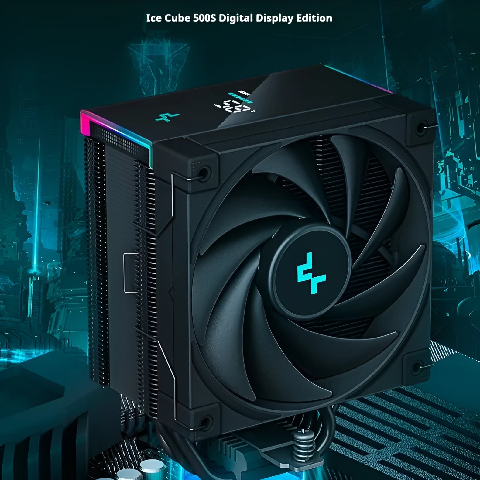Twin tower CPU air cooler heatsink with fan and digital display in black or white