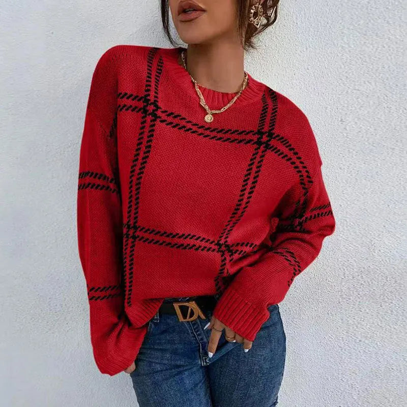 Women's loose fit acrylic sweater with plaid colour-block pattern in apricot black beige stripes red green colours