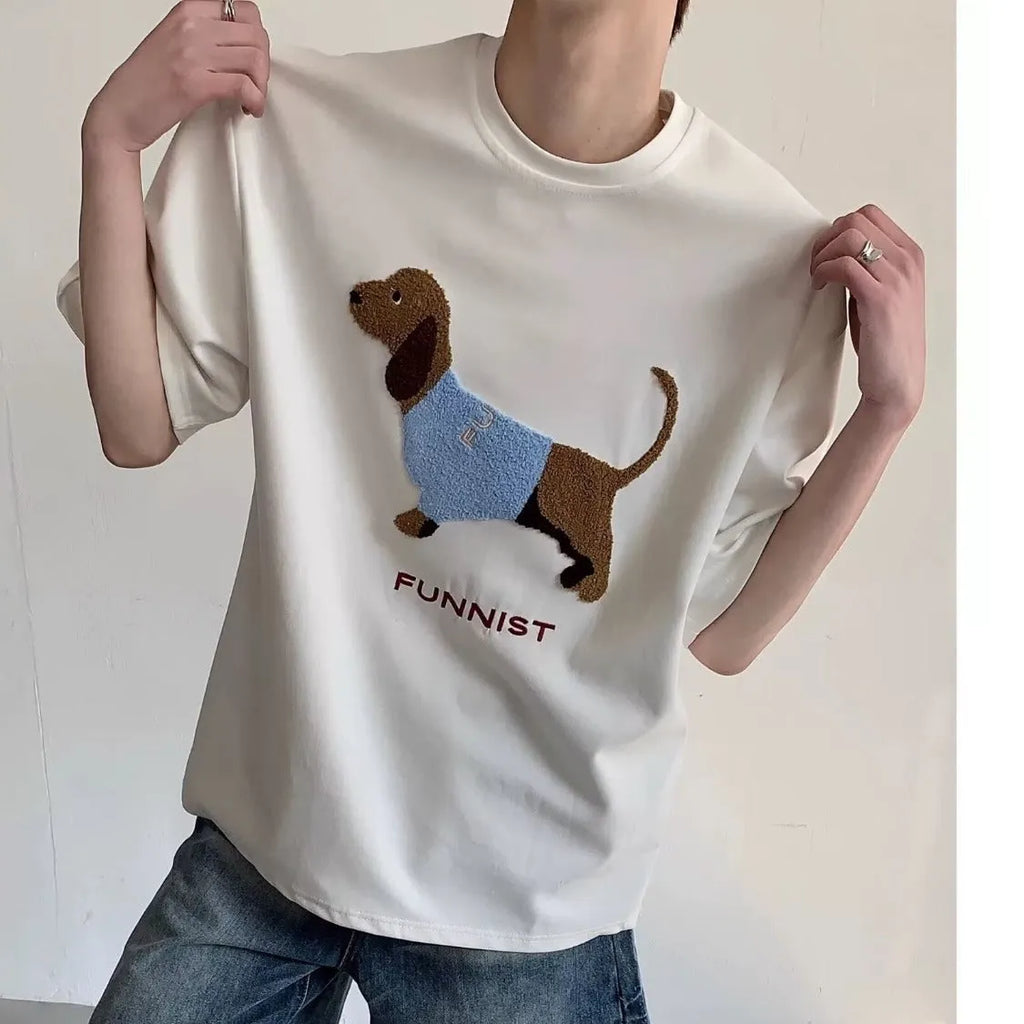 Gray men's T-shirt with an embroidered textured sausage dog design on the front.