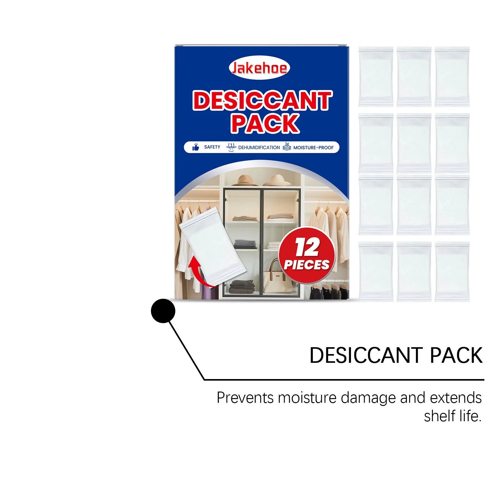 12 individual anti-odor desiccant packets for household moisture absorption