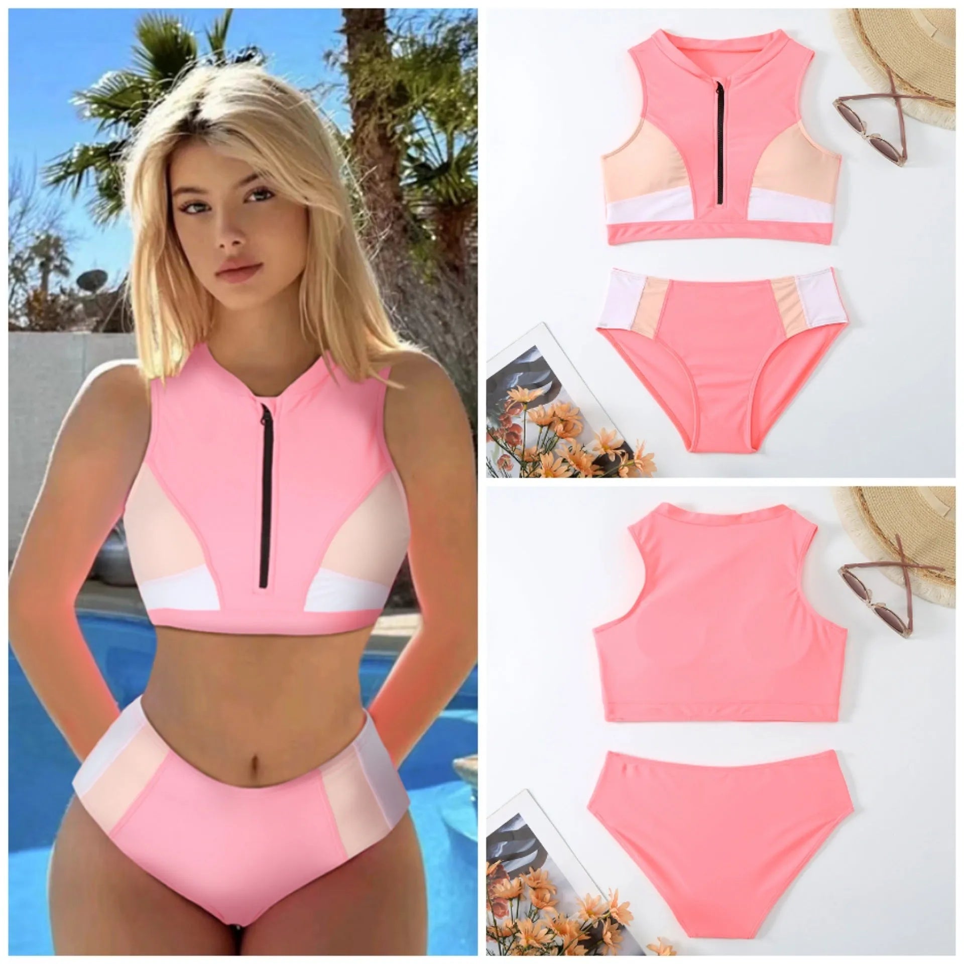 Pink high-waist bikini set with sleeveless top and split-leg shorts on a mannequin.