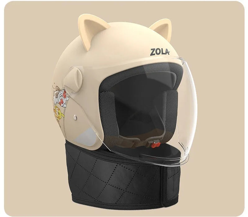 Winter electric bike helmet with anti-fog visor shown in blue colour with attached ear covers.