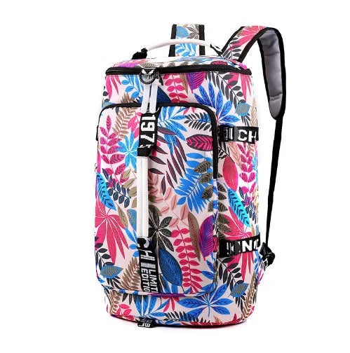 Black waterproof nylon backpack with combination lock, shown as a backpack and shoulder bag, featuring multiple pockets.