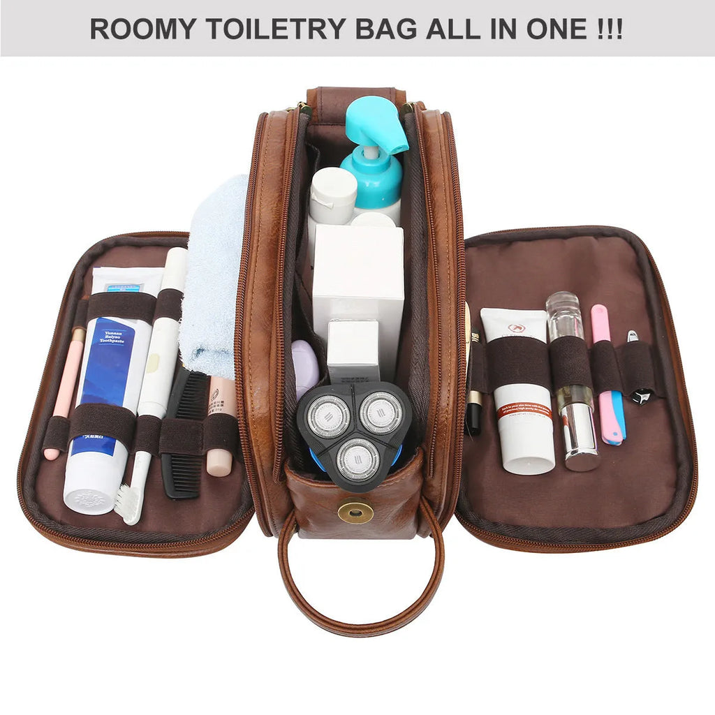 Men's black PU leather toiletry bag with multiple compartments open to show interior organisation