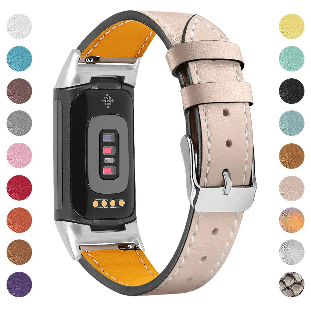 Genuine leather watch strap for Fitbit Charge 5 and Charge 6 fitness trackers on a wrist.