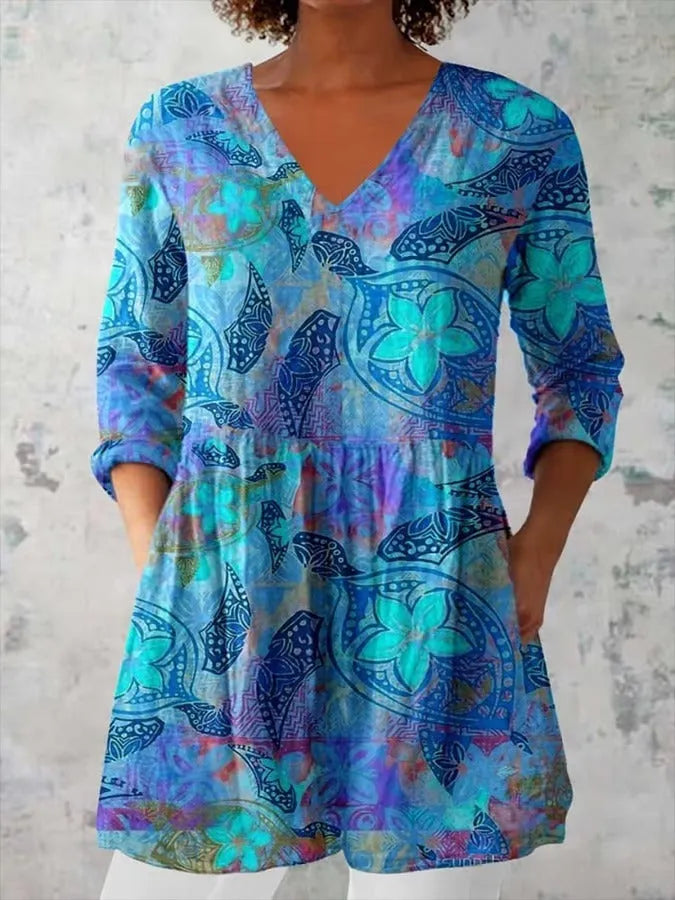 Women's retro slim fit printed long-sleeved polyester top on a hanger, showing digital print design.