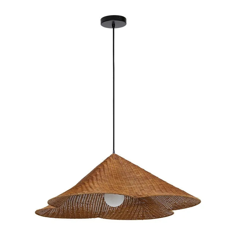Silent Style natural rattan woven ceiling lamp with black metal trim in three diameter sizes.