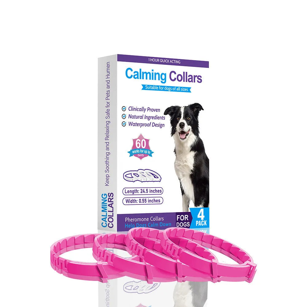 Four dog anxiety relief collars in different colours with monochrome Chinese style pattern