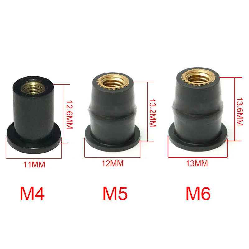 Motorcycle windshield rubber expansion nuts with brass inserts in M4 M5 M6 thread sizes