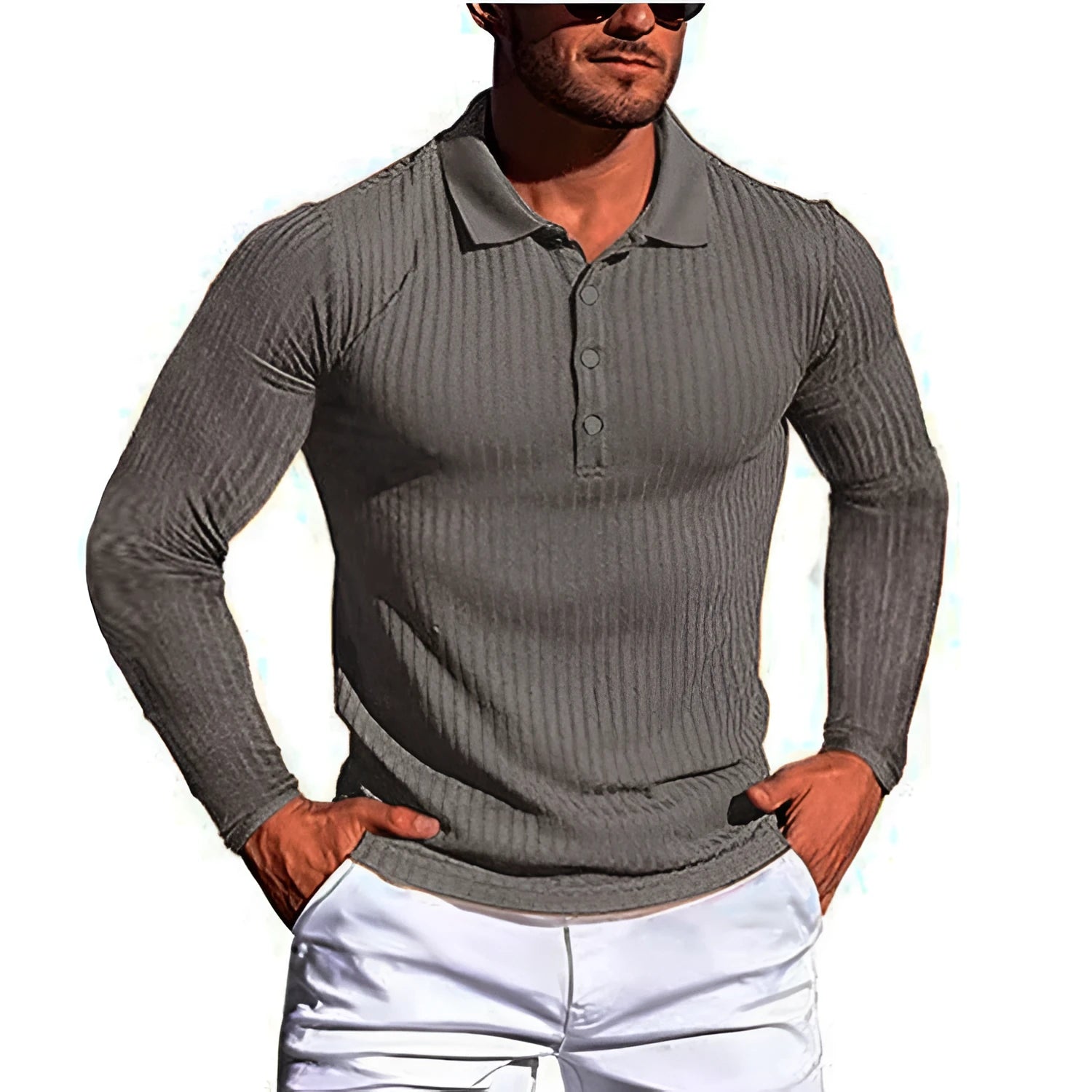 Man wearing a loose-fitting, striped, short-sleeve polyester shirt in a neutral colour.