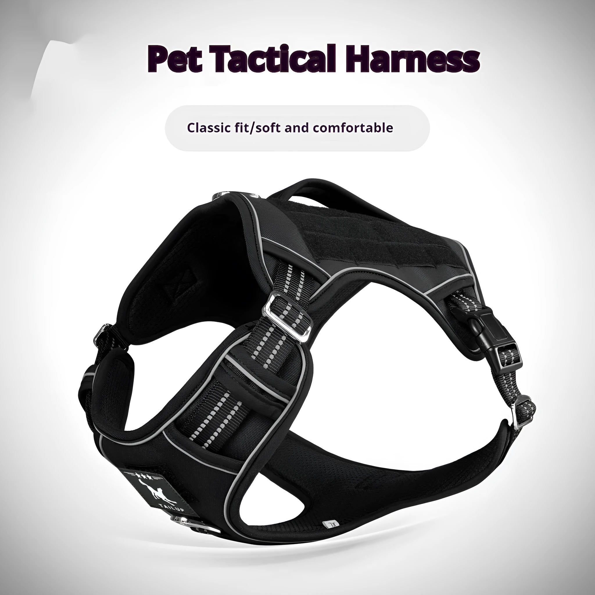 Tactical dog chest harness in Oxford cloth for search and rescue work, shown in camouflage colour.