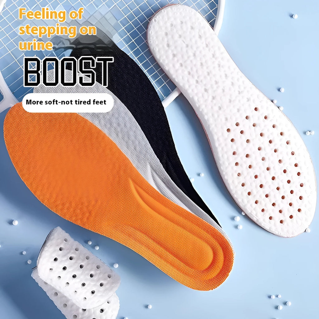 A pair of grey breathable PU sports insoles on a white background, showing a textured surface.