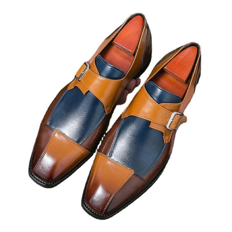 Men's brown blue retro buckle casual leather shoes with tall crown upper and breathable microfiber construction