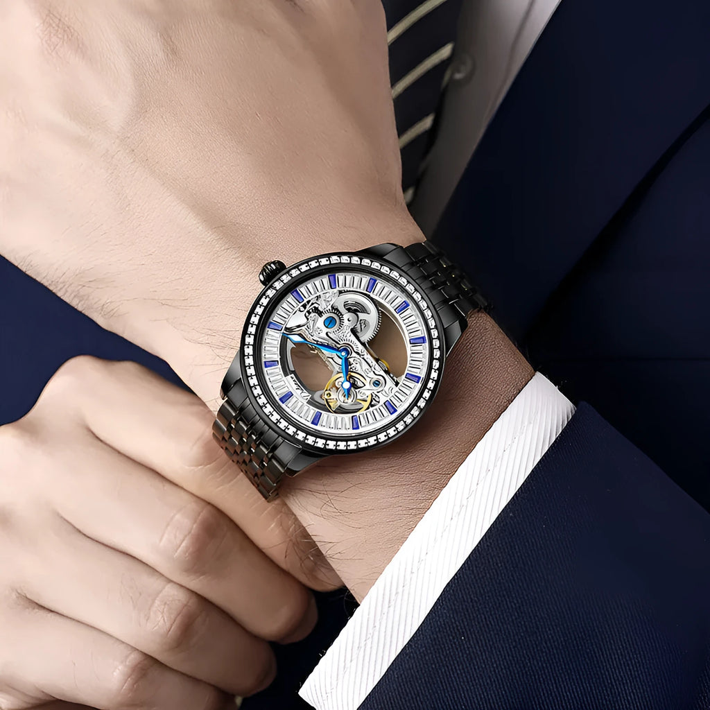 Men's luxury zircon mechanical watch with a choice of black leather or rose gold steel strap, showing onion crown and transparent case back.