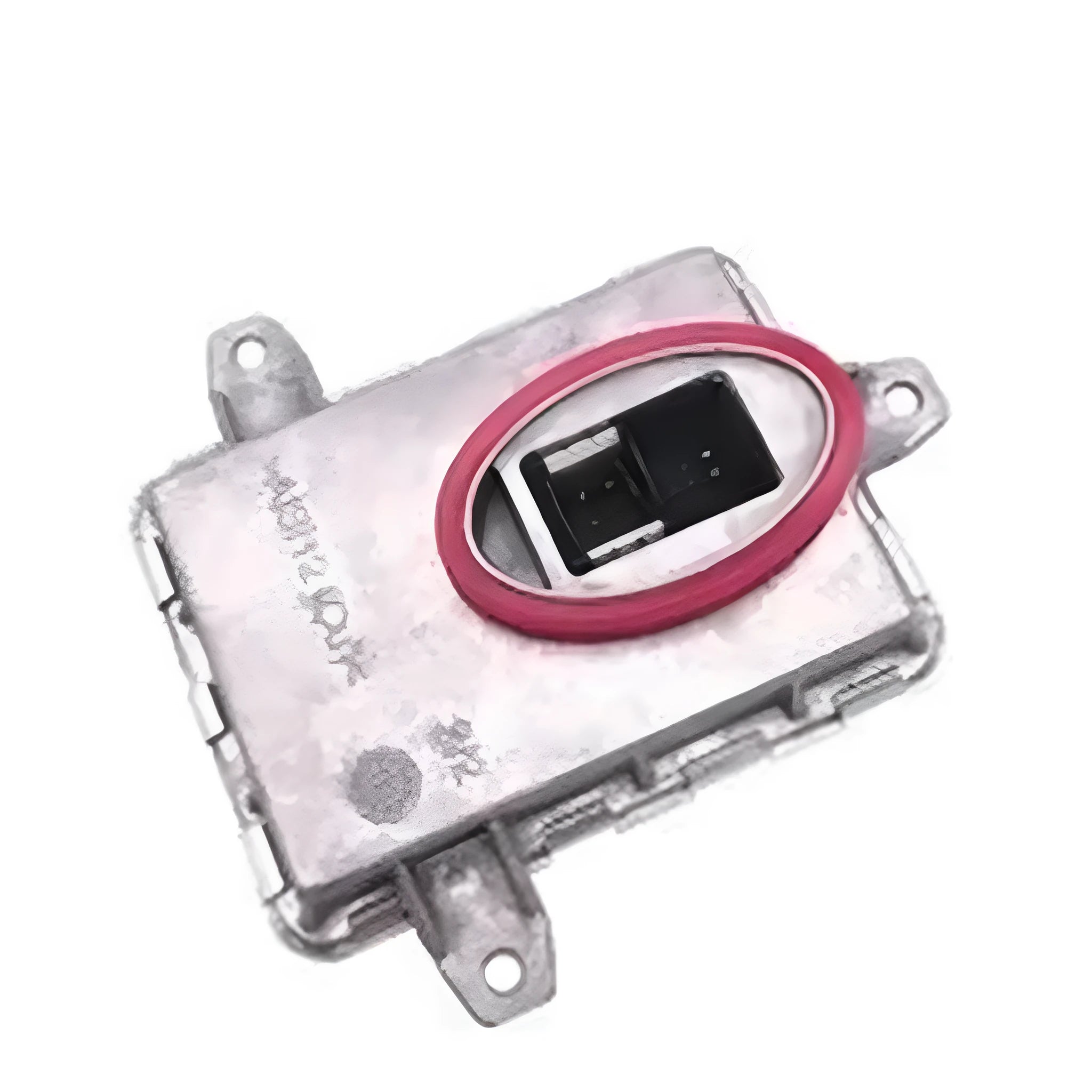 Metal headlight ballast unit measuring 14cm by 11cm by 4.5cm for automotive headlamp systems