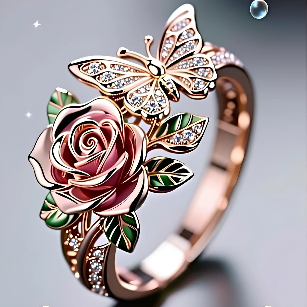Adjustable butterfly ring with colourful oil drop finish and detailed floral insect leaf modelling