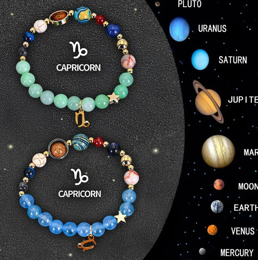 A pair of natural stone beaded bracelets from a twelve-piece zodiac sign collection.