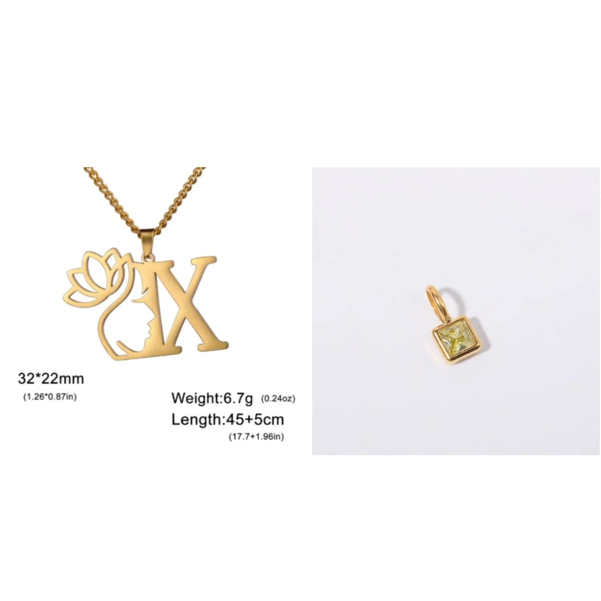Stainless steel necklace with cross chain and a single initial letter pendant in gold tone.